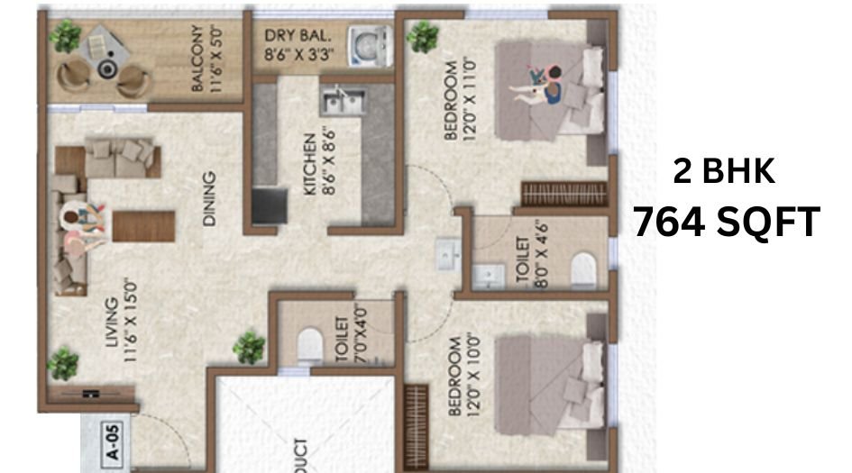 Sai-Asspire-Floor-Plam- 2 BHK- 764 Sqft